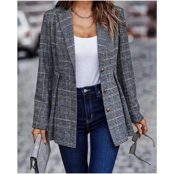 Classic Plaid Button up Jacket Coat Blazer - Picture 3 of 6